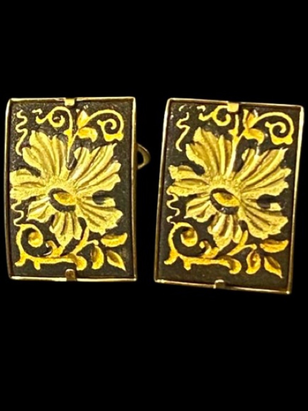 Vintage Damascene Rectangular Clip On Etched Earrings Floral Design Gold & Black